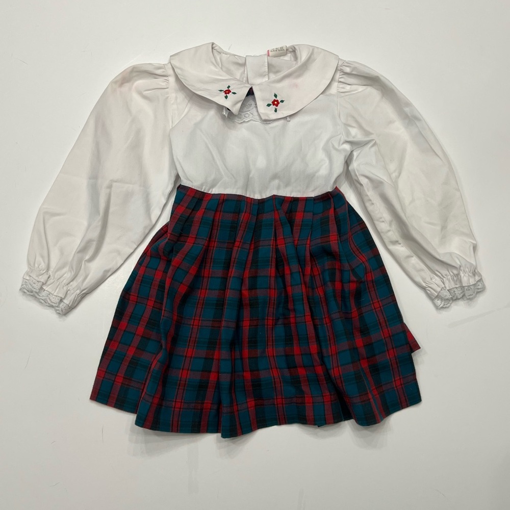 Vintage Girls Toddler 4 Plaid Dress Lace Details